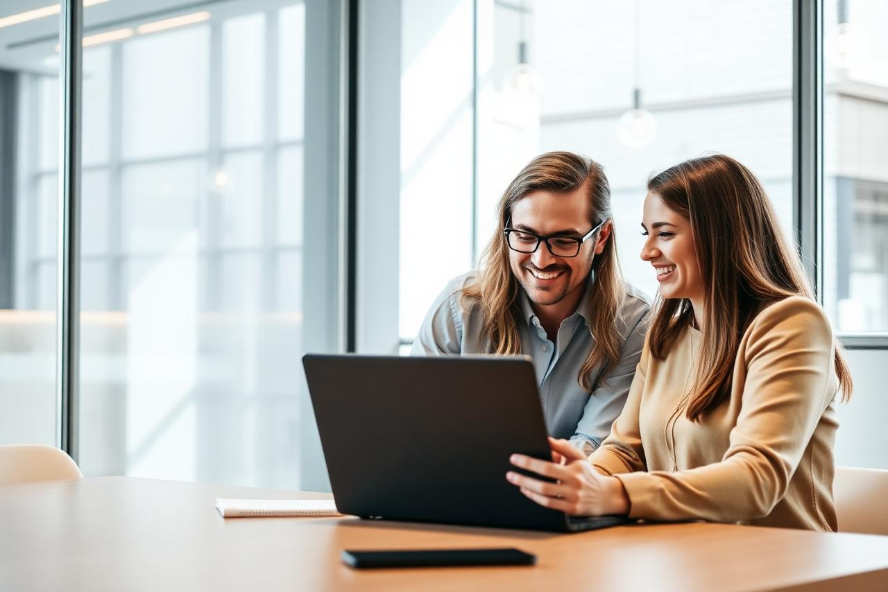 Persoonlijk demogesprek aan een laptop in een moderne vergaderruimte