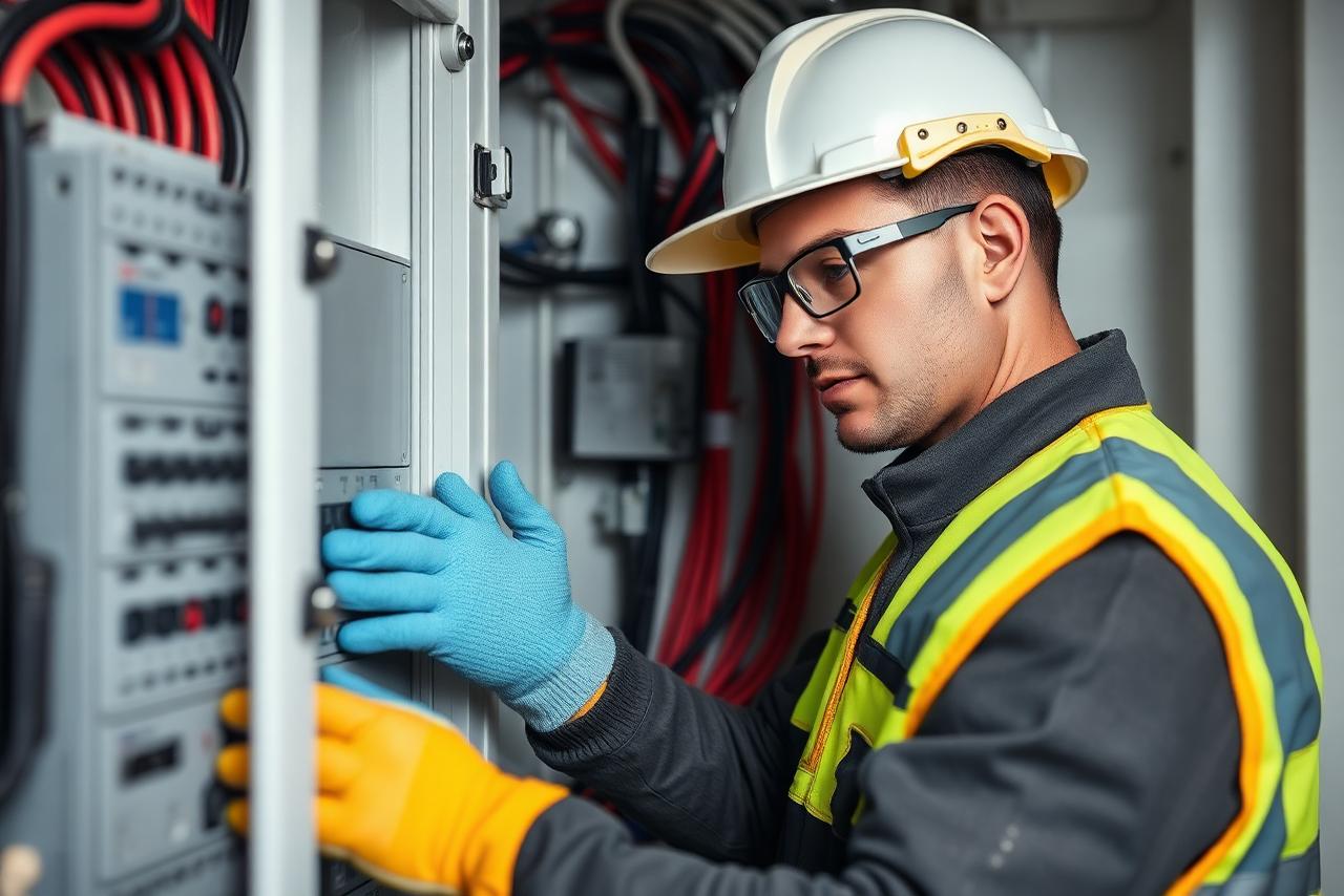 Elektricien met veiligheidsbril en handschoenen tijdens een interventie