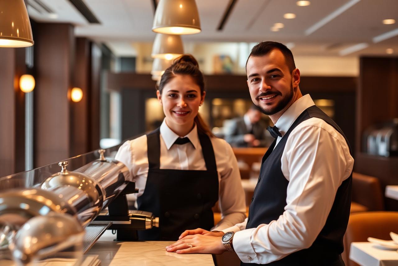 Horecamedewerkers in uniform aan de toog van een restaurant