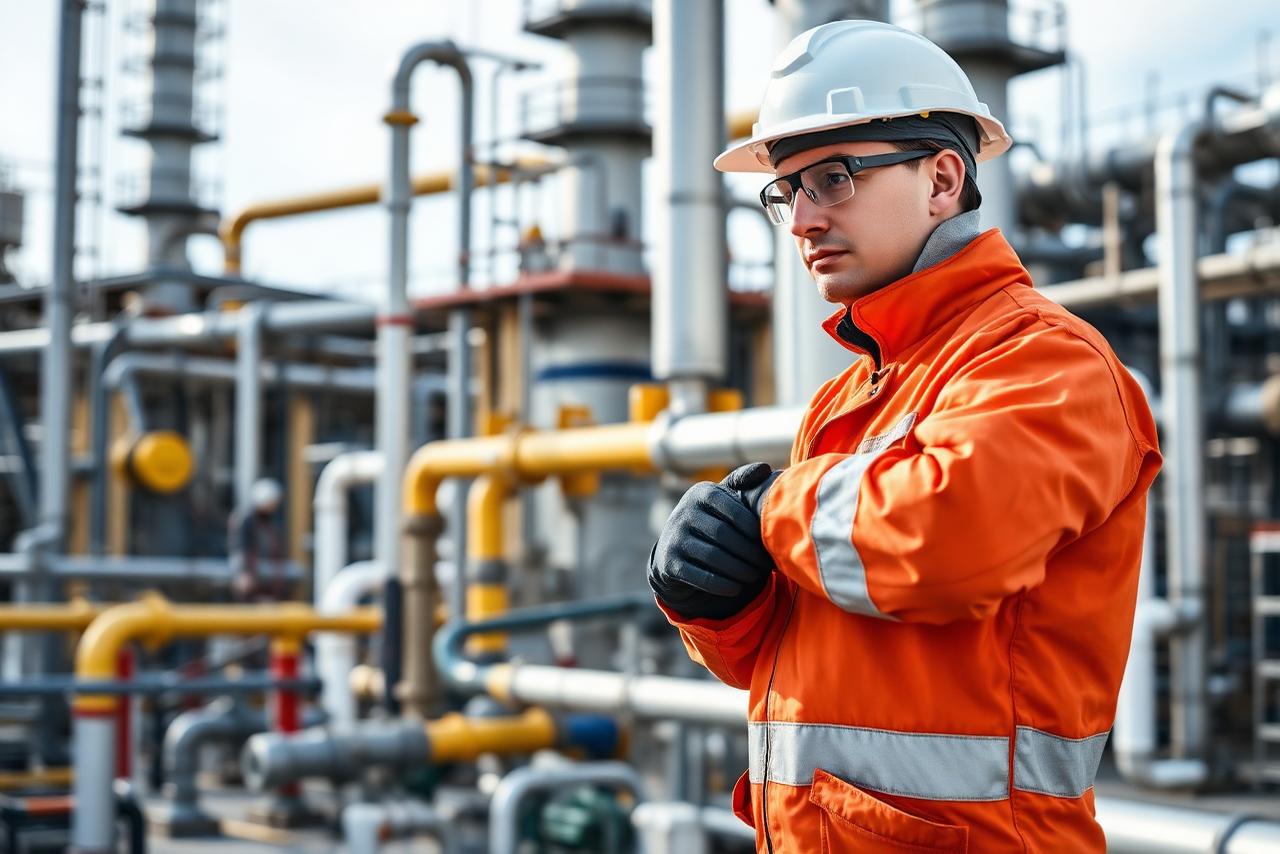 Industriële medewerker met helm, veiligheidsbril en beschermkledij bij installaties