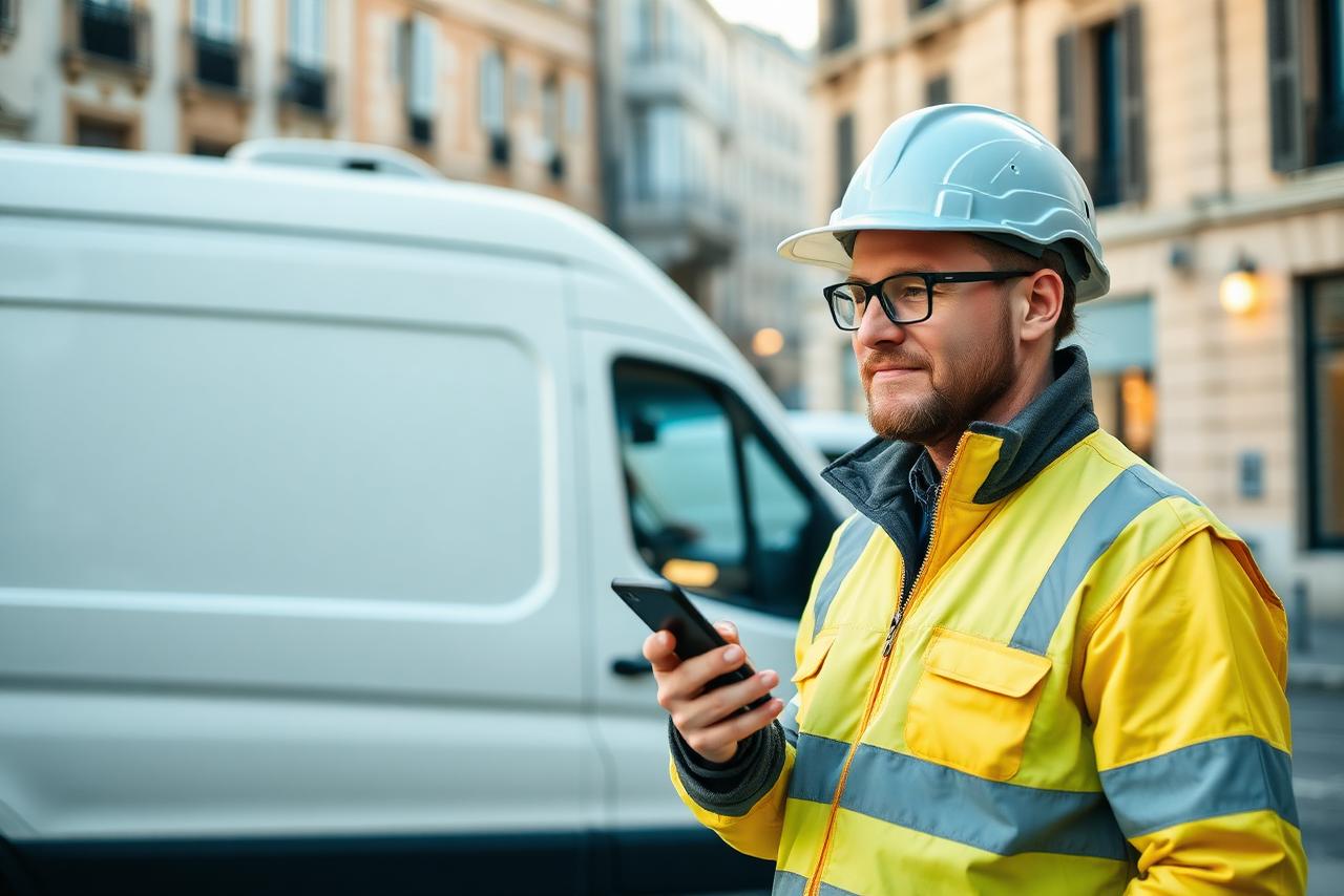 Mobiele medewerker met smartphone naast een bestelwagen