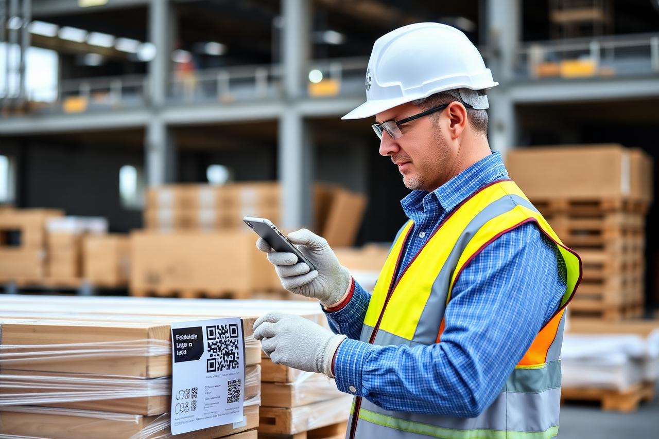 Bouwmedewerker scant met een smartphone een QR-code op een pallet bouwmaterialen