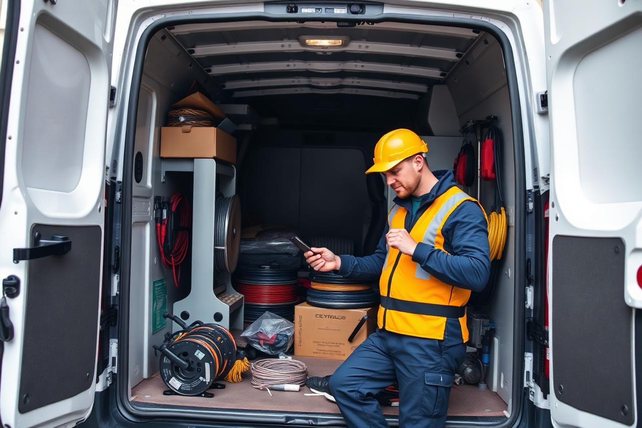 Elektricien controleert met een smartphone de voorraad in de laadruimte van een bestelwagen