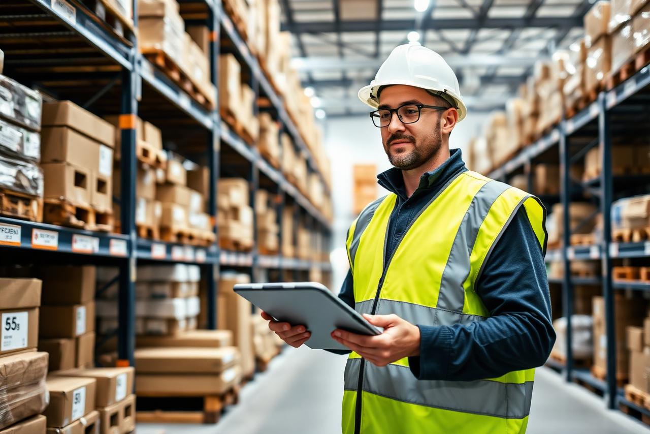 Magazijnier met tablet controleert materialen op rekken in een modern magazijn